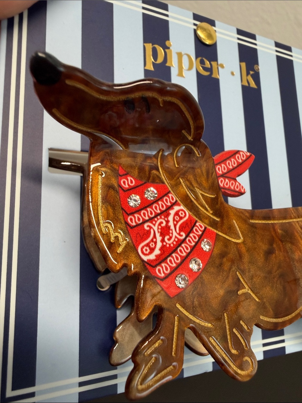 Piper K | Dachshund Hair Clip w/ Red Bandana & Rhinestone Accents 🤎 - Picture 3 of 6
